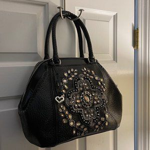 Embellished Brighton Black Leather Bowling Bag